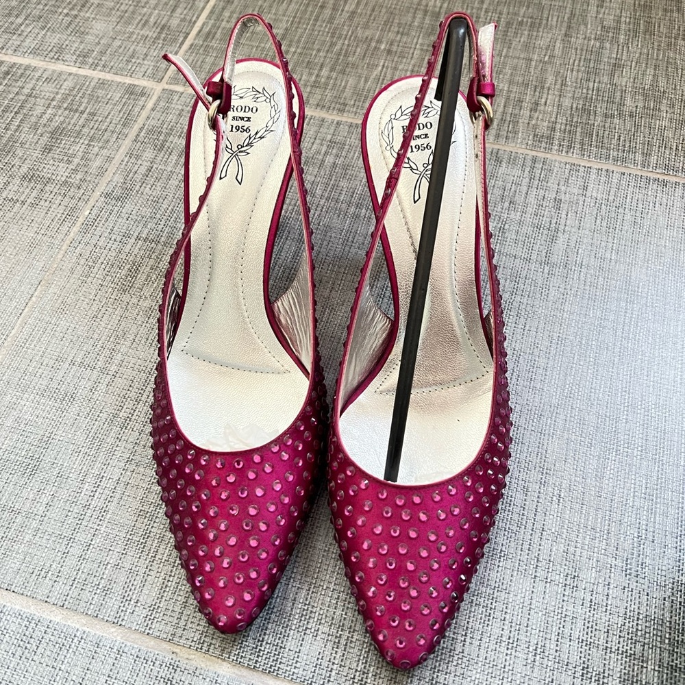 Rodo crystal embellished heel sling back shoes satin Italy